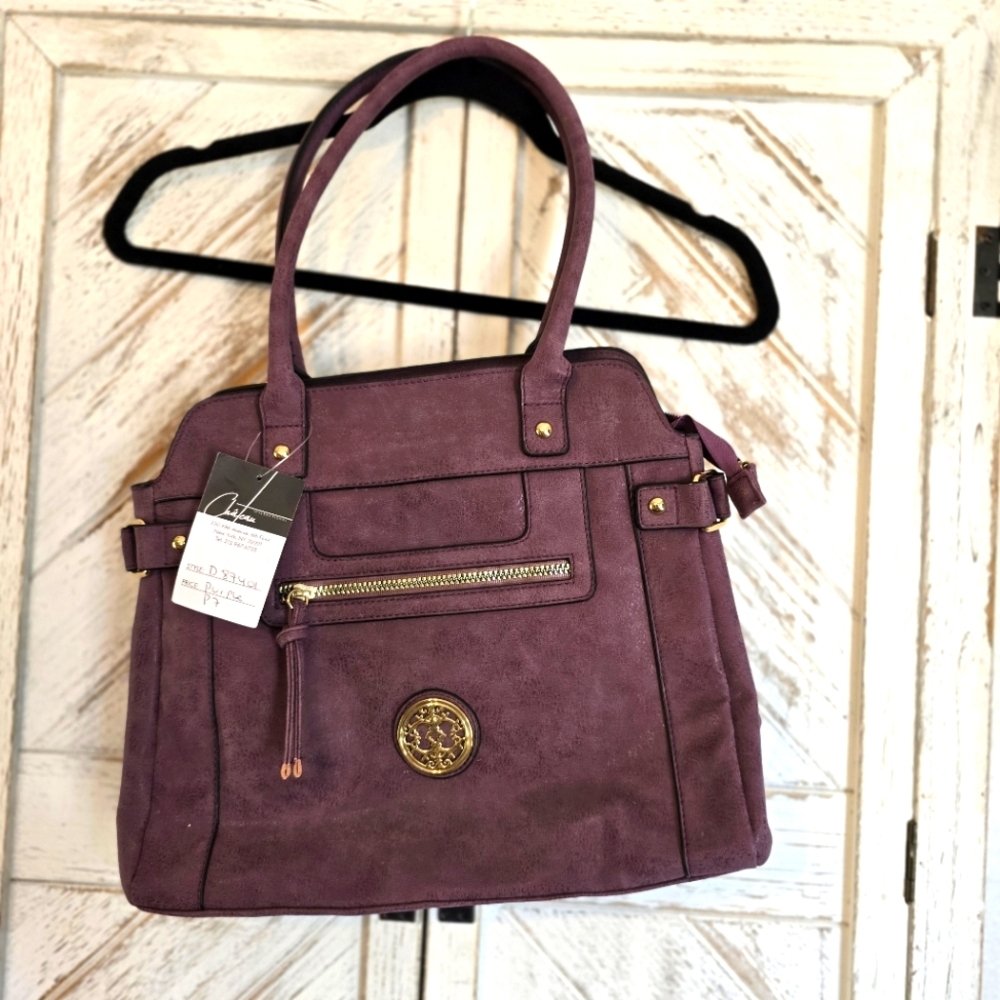 Chateau Purple Satchel Handbag NWT Gold Medallion Logo Front Zip Shoulder Bag